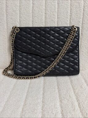 Rebecca Minkoff Black Quilted Leather Shoulder Bag with Gold Chain Detail